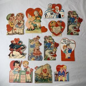 Vtg 1940s Valentine Cards Lot (12) Couples Girls Boys WWII Era Eskimo Ice Skate